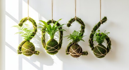 Four hanging kokedama plants arranged in a decorative display