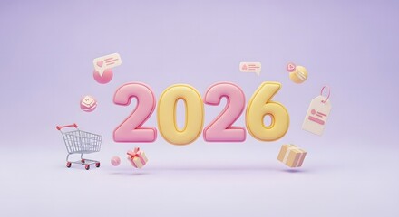 Happy new year 2026 celebration with colorful balloons and gifts