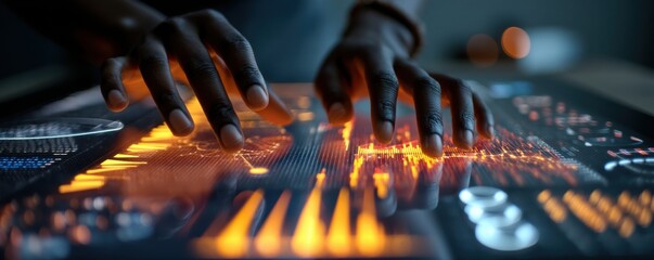 Close-up of hands operating a futuristic touchscreen interface with orange neon data visuals