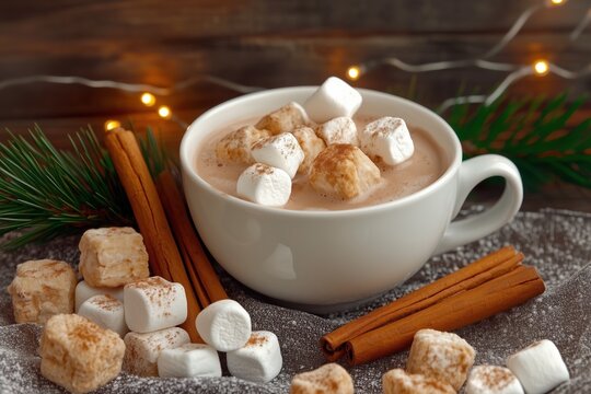Cup of hot chocolate with marshmallows and cinnamon, cozy winter drink with Christmas lights.