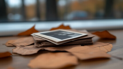 Vintage photos resting atop a bed of fallen autumn leaves evokes nostalgia. The muted colors and soft focus create a pensive mood, capturing the passage of time and memories held dear.