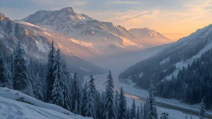 A breathtaking snowy mountain range at sunrise, golden light reflecting on the snow, pine trees covered in frost, a frozen river winding through the valley