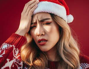 Worried woman in Santa hat with hand on forehead against red background.
