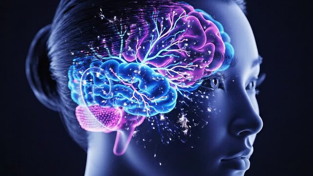 Neurological visualization of a woman's brain with active neurons. Medical animation for science and technology concepts. Close-up lockdown shot. - Powered by Adobe