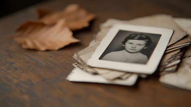 Vintage portrait of a young child atop timeworn photos, beside a dried leaf on a wooden surface. Memory, nostalgia, and bygone days are gently evoked in this intimate still life.