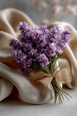 Lavender bouquet on beige fabric background, soft natural lighting and elegant composition