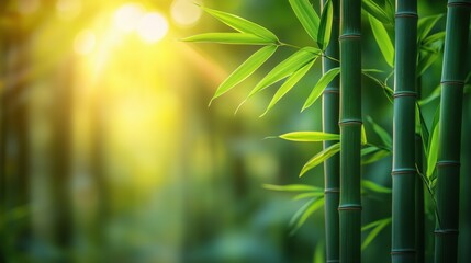 Bamboo stems and lush green leaves illuminated by warm sunlight, symbolizing growth, nature, and tranquility. Eco concept for sustainability and Asian natural beauty. Copy space for text
