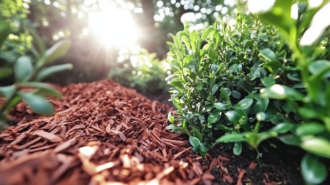 Garden with sunlight and green plants, fresh brown mulch in focus, eco gardening concept.