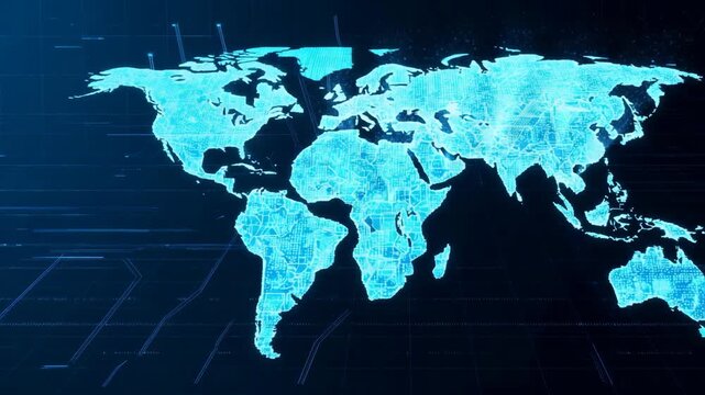 A blue digital world map overlaid with circuit patterns, representing global technology, data connections, and network communication in a digital age. Perfect for tech concepts.