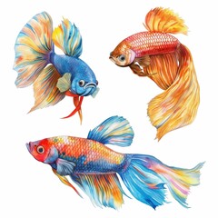 Fototapeta premium Colored fish painted with watercolors on a white background. Clip art, stickers.