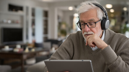 Intense Close-Up: Senior Man (80s) Pondering a Digital Strategy While Listening with Wired Earbuds and Looking at a Tablet