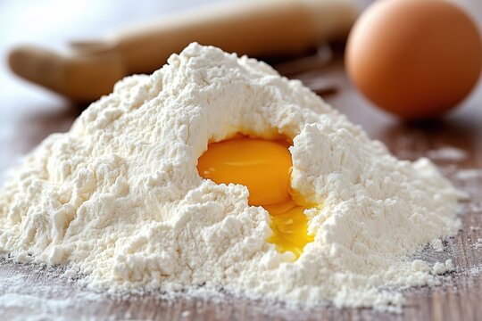 Egg yolk in flour mound on wooden table, baking ingredients close-up in warm light.