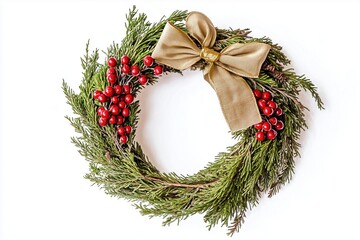 Christmas wreath made of pine branches with red berries and golden bow, isolated on white background.