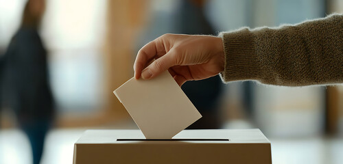 A person's hand deposits a ballot into a box, symbolizing the act of voting and democratic participation. The scene highlights the importance of civic duty and the electoral process.
