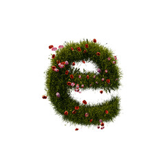 3D alphabetic grass and flower, Christmas wreath letter e lowercase