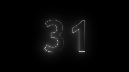 Neon text 31 number countdown icon white color and black background . Neon number 31 with alpha channel, neon numbers, Bright neon glowing number 31, Energy Neon Number 31 Animation. 4k video..
