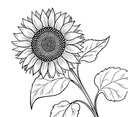 Detailed black and white line drawing of a sunflower with leaves