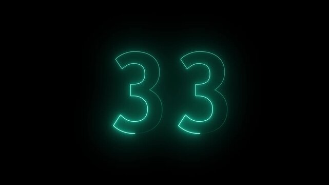 Neon text 33 number countdown icon blue color and black background . Neon number 33 with alpha channel, neon numbers, Bright neon glowing number 33, Energy Neon Number 33 Animation. 4k video..
