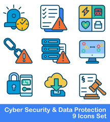 Modern flat icon set about cybersecurity, data protection, privacy, and compliance. Includes symbols for cloud download, password security, data servers, alerts, risk management, and legal protection