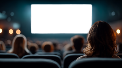 Audience watching a blank cinema screen, theater view from behind with transparent screen for design or video