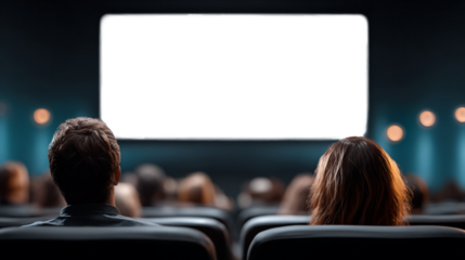 Blank movie screen in a cinema with audience seen from behind, PNG template with transparent area for media or design insertion