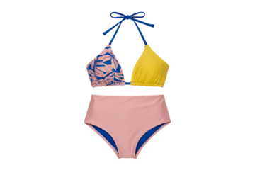 A stylish high-waisted bikini features a patchwork design with yellow and pink colors.
