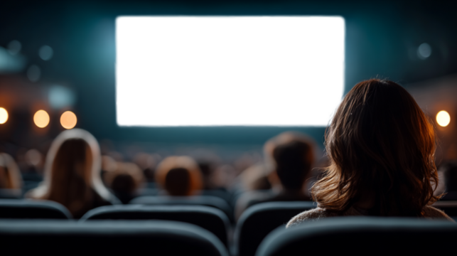 Audience watching a blank cinema screen, theater view from behind with transparent screen for design or video