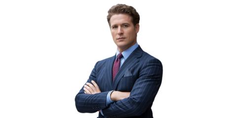 A confident businessman in a suit stands with his arms crossed against a white background.