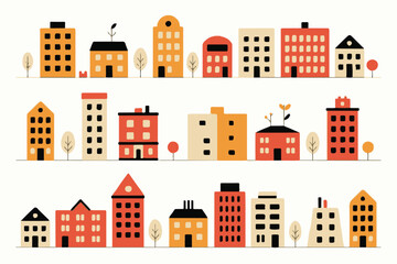 building city architecture row of stylized facades flat vector illustration pack