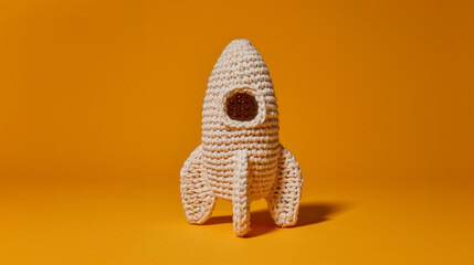 Crocheted rocket on orange background – handmade minimalism meets surreal exploration. Perfect for creative branding, playful winter campaigns, and modern cozy concepts.