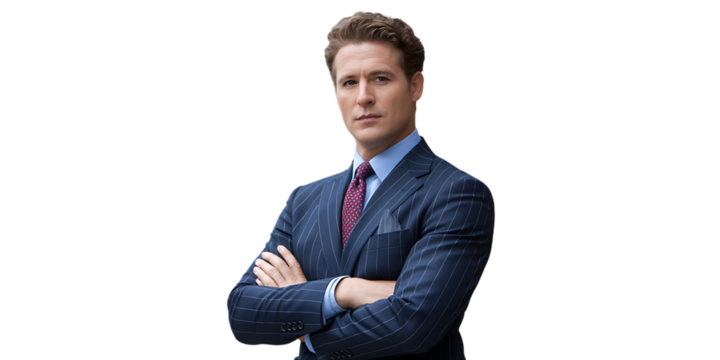 A confident businessman in a suit stands with his arms crossed against a white background.
