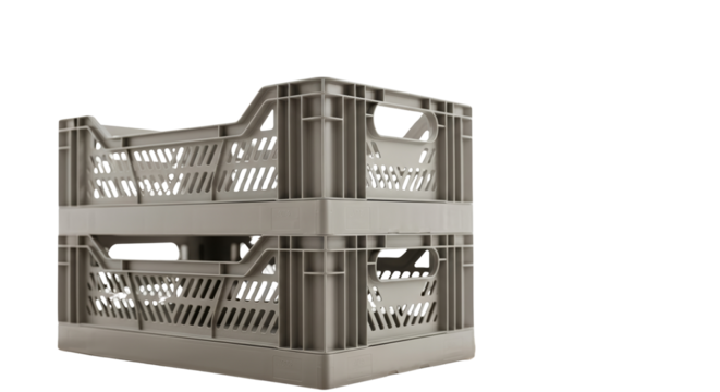 Two stacked plastic storage crates on a transparent background  