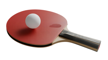 A red ping pong paddle rests with a white ball on its surface, isolated on a white background.