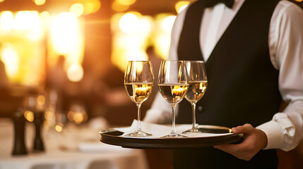 A waiter in a vest and bowtie carries a tray with three glasses of white wine. The glasses are sparkling, and the background is blurred with warm, golden lighting. Classic.