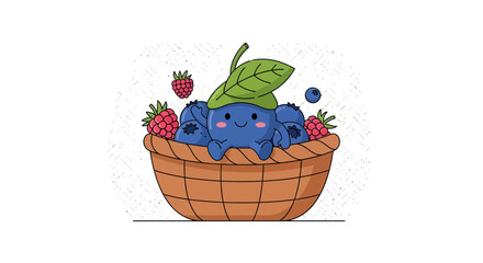 Charming Blueberry Character Smiling and Relaxing inside a Woven Basket with Some Berries