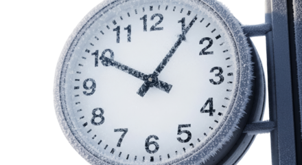 Frozen railway clock close-up showing delayed time in winter  