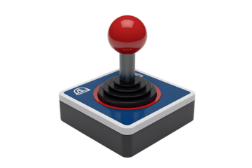 A retro gaming joystick with a red ball top sits on a white background, evoking nostalgia.