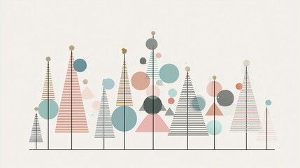Minimalist Christmas tree design on white background, modern geometric ornaments, pastel color palette, vector illustration, clean composition