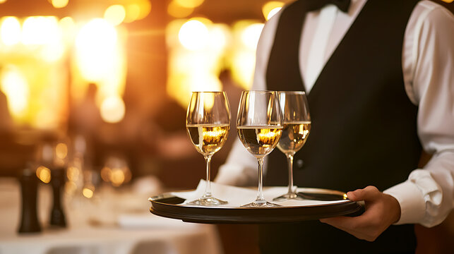 A waiter in a vest and bowtie carries a tray with three glasses of white wine. The glasses are sparkling, and the background is blurred with warm, golden lighting. Classic.