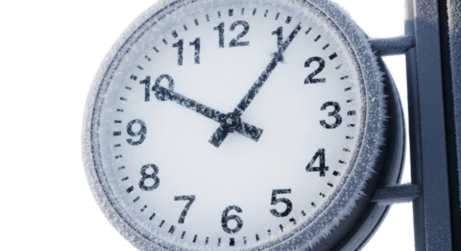 Frozen railway clock close-up showing delayed time in winter  