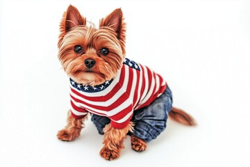 Small Yorkshire terrier sitting in patriotic USA flag jumpsuit on white background, cute pet portrait.