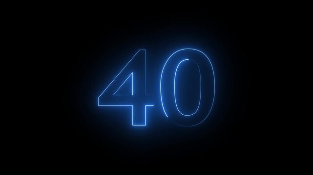 Neon 40 number mathematics text icon animation blue color text on black background. Glowing neon 40 motion graphics animation. Number 40 vector illustration. Digits with glowing lights and bulbs.4k 