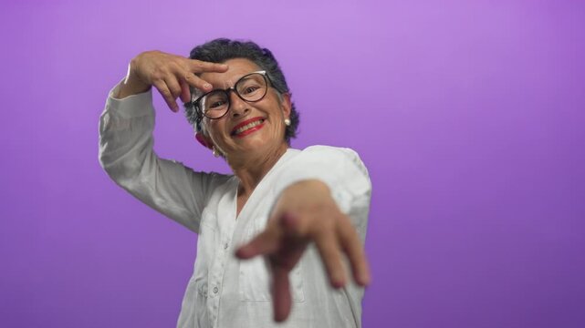 Woman smiling with grey hair and glasses gesturing joyfully against a vibrant purple background wearing a white shirt, representing positive aging and joy.