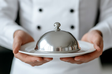 A chef in a pristine white coat presents a gleaming, covered dish, promising culinary excellence and a touch of elegance. Ready to unveil a gastronomic delight. Bon appétit!