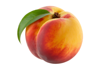A ripe peach with a green leaf and stem rests against a white background.