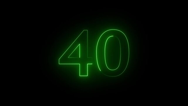 Neon 40 number mathematics text icon animation green color text on black background. Glowing neon 40  motion graphics animation. Number 40 vector illustration. Digits with glowing lights and bulbs.4k 