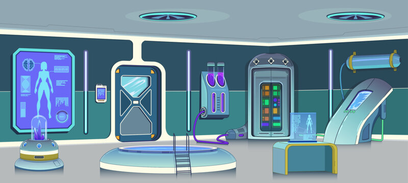 Scientific laboratory. Underground research lab with cryogenic equipment. Recovery and regeneration, industrial medical equipment, scientist's workstation. Sci-fi, retrofuturism, vector cartoon.