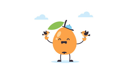 Cute Cartoon Fruit With Birds, Smiling, Joyful, Happy, Playful, and Delightful