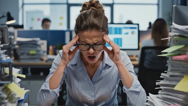 Office worker overwhelmed by piles of paperwork. Young adult woman experiences stress and headache while reviewing documents at desk. Stable shot with slight vertical camera movement.