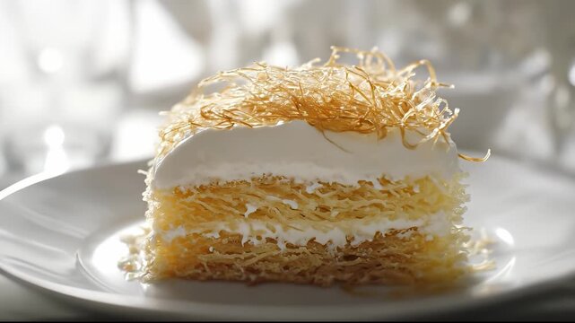 A slice of golden dessert is elegantly displayed on a white plate, showing layers of delicate pastry and creamy filling. This dessert, topped with golden strands, invites sharing a